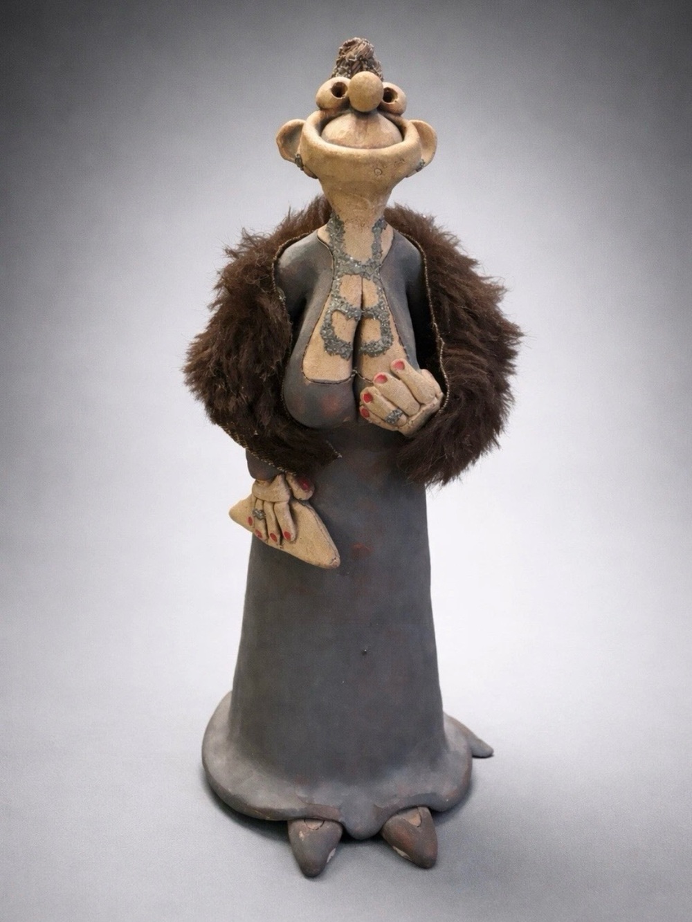 Whimsical Folk Art Lady Figurine Faux Fur Wrap 11” Tall